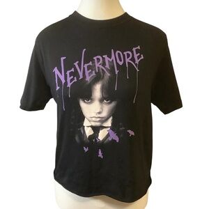 WEDNESDAY NEVERMORE BLACK & PURPLE GRAPHIC SHORT SLEEVE CROPPED T-SHIRT/ Size M